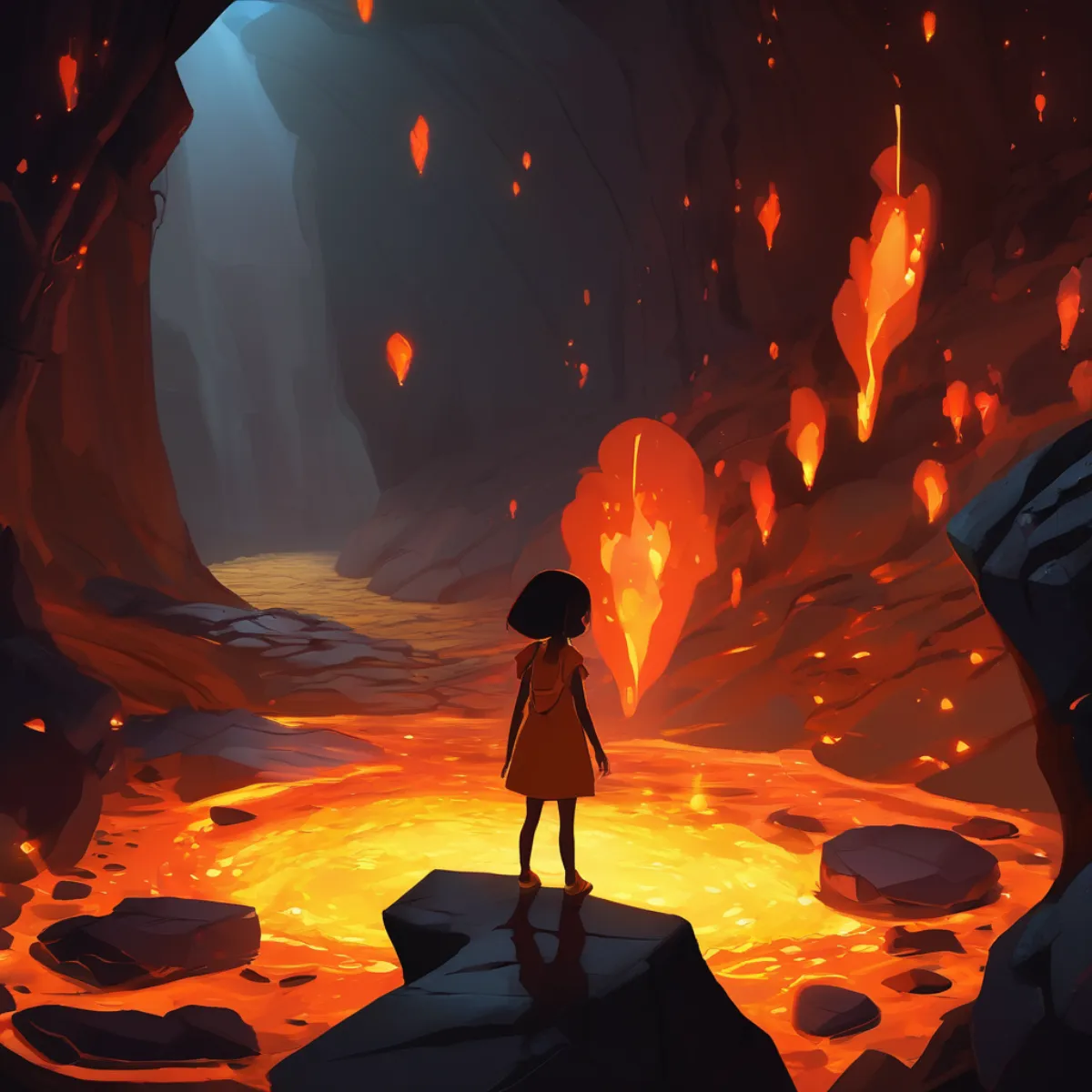 Fantasy character exploring a glowing lava cave