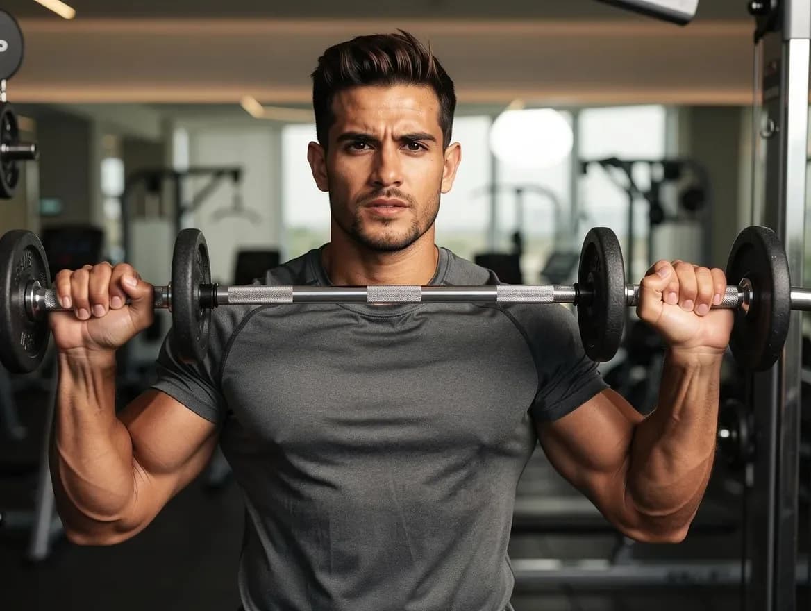the same man mid-workout in a modern gym, energetic fitness lifestyle photo, natural light