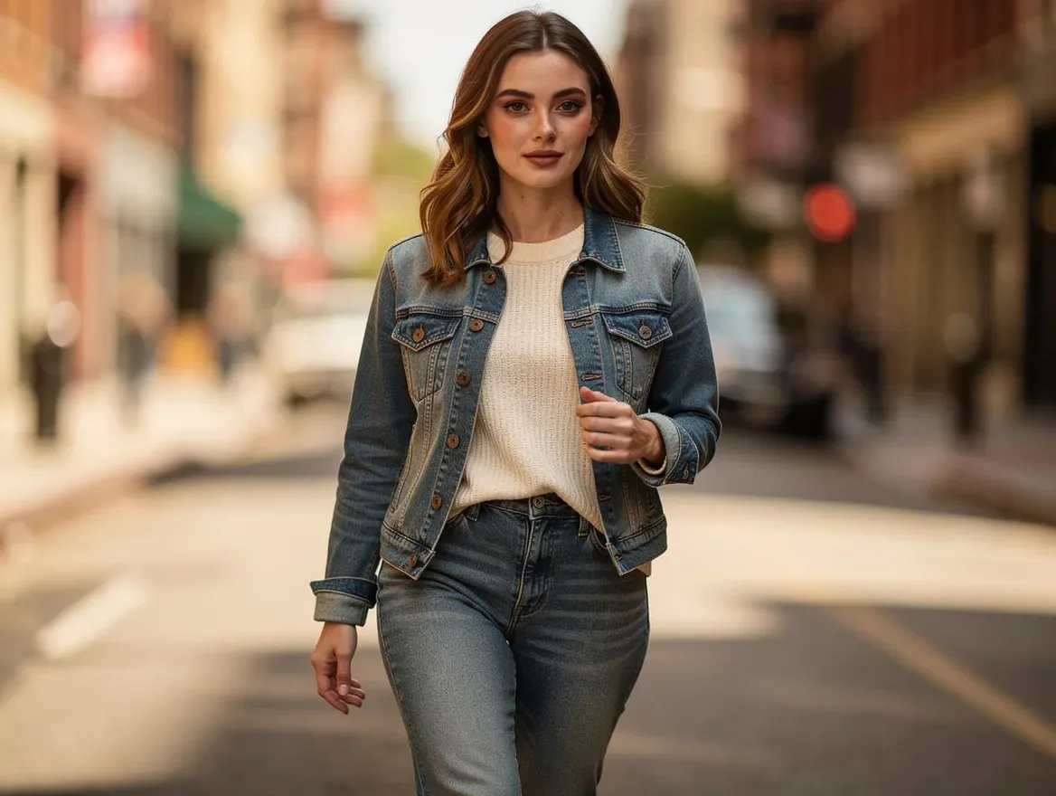 The same AI Brand Model in a denim look on a city street — identical face, different scene