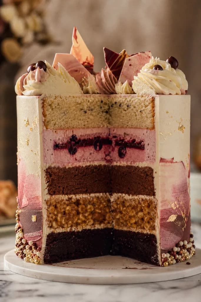 Cross-section of an elaborate five-layer celebration cake, each layer a different texture, patisserie studio shot, cinematic warm-neutral color grade, soft directional key light, 35mm lens, shallow depth of field, natural skin tones, subtle film grain