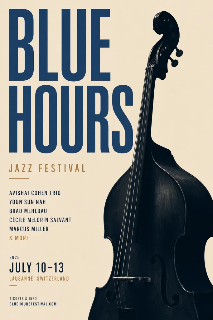 Minimal Swiss-style poster for a jazz festival titled 'BLUE HOURS', bold typography and a double bass silhouette, warm-neutral palette, soft diffused lighting, cohesive minimal background, premium editorial composition