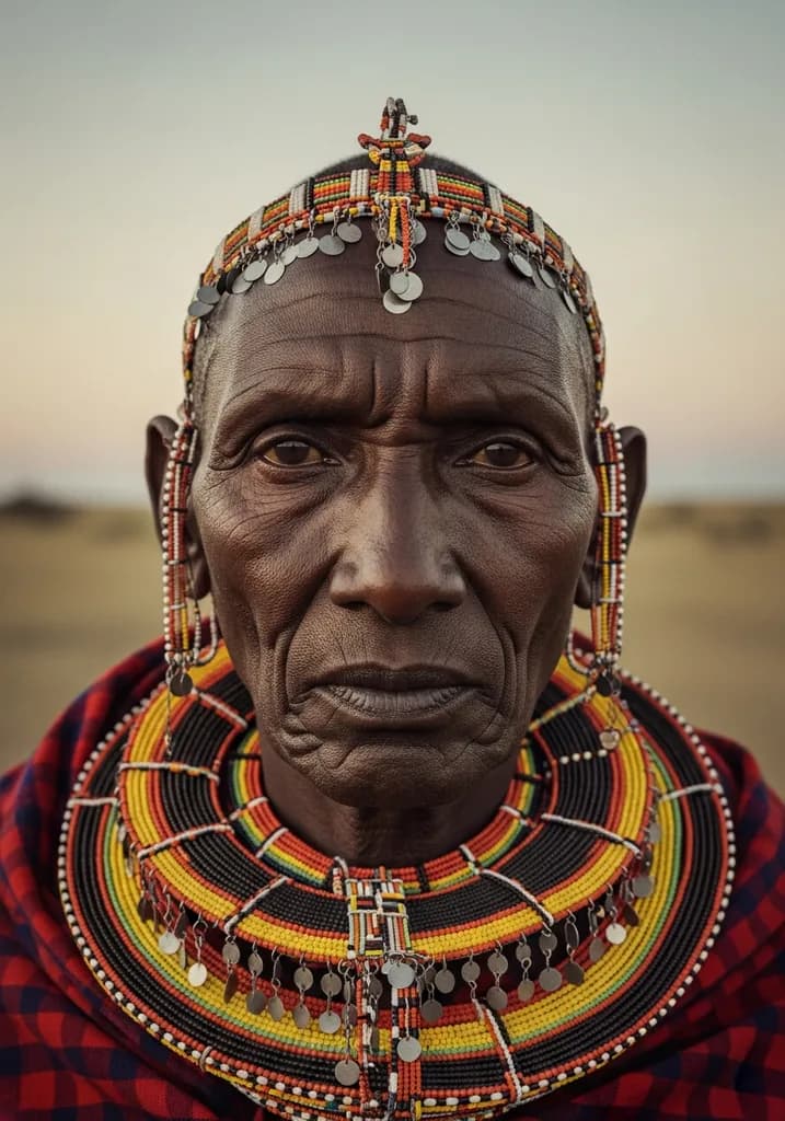 Close portrait of a Maasai elder with intricate beadwork, dignified gaze, savanna dusk, cinematic warm-neutral color grade, soft directional key light, 35mm lens, shallow depth of field, natural skin tones, subtle film grain