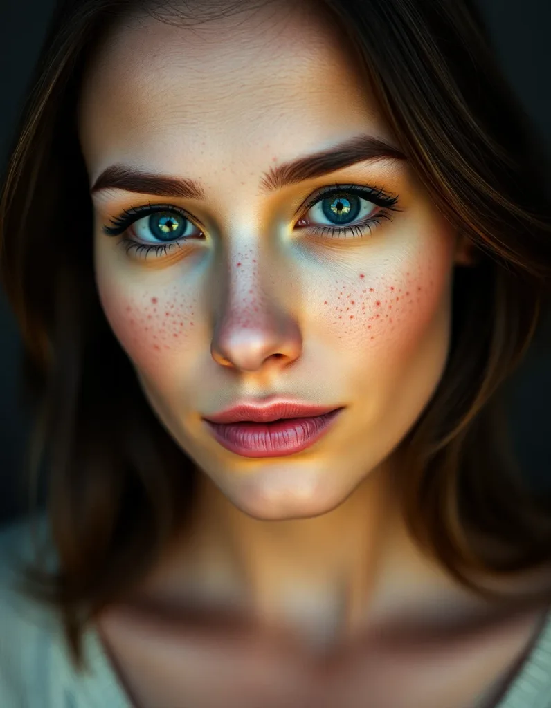 Crisp high-detail portrait of a woman with freckles, sharp catchlights, studio clarity, cinematic warm-neutral color grade, soft directional key light, 35mm lens, shallow depth of field, natural skin tones, subtle film grain