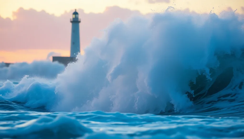 Storm waves crashing against a lighthouse at dawn, dramatic spray frozen mid-air, cinematic warm-neutral color grade, soft directional key light, 35mm lens, shallow depth of field, natural skin tones, subtle film grain