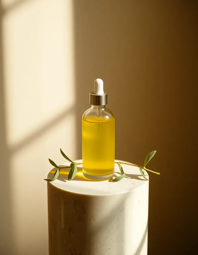 Glass serum dropper bottle on a travertine pedestal, eucalyptus sprig, soft morning shadowplay, cinematic warm-neutral color grade, soft directional key light, 35mm lens, shallow depth of field, natural skin tones, subtle film grain