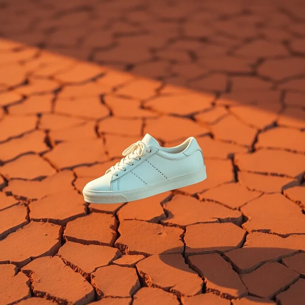 White sneaker floating over cracked terracotta with a soft shadow, warm studio light, cinematic warm-neutral color grade, soft directional key light, 35mm lens, shallow depth of field, natural skin tones, subtle film grain