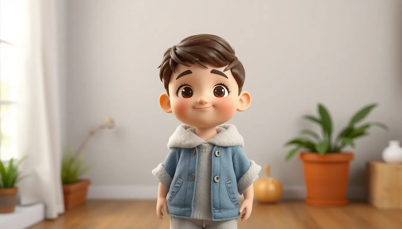 Cute 3D character in denim jacket, Pixar style