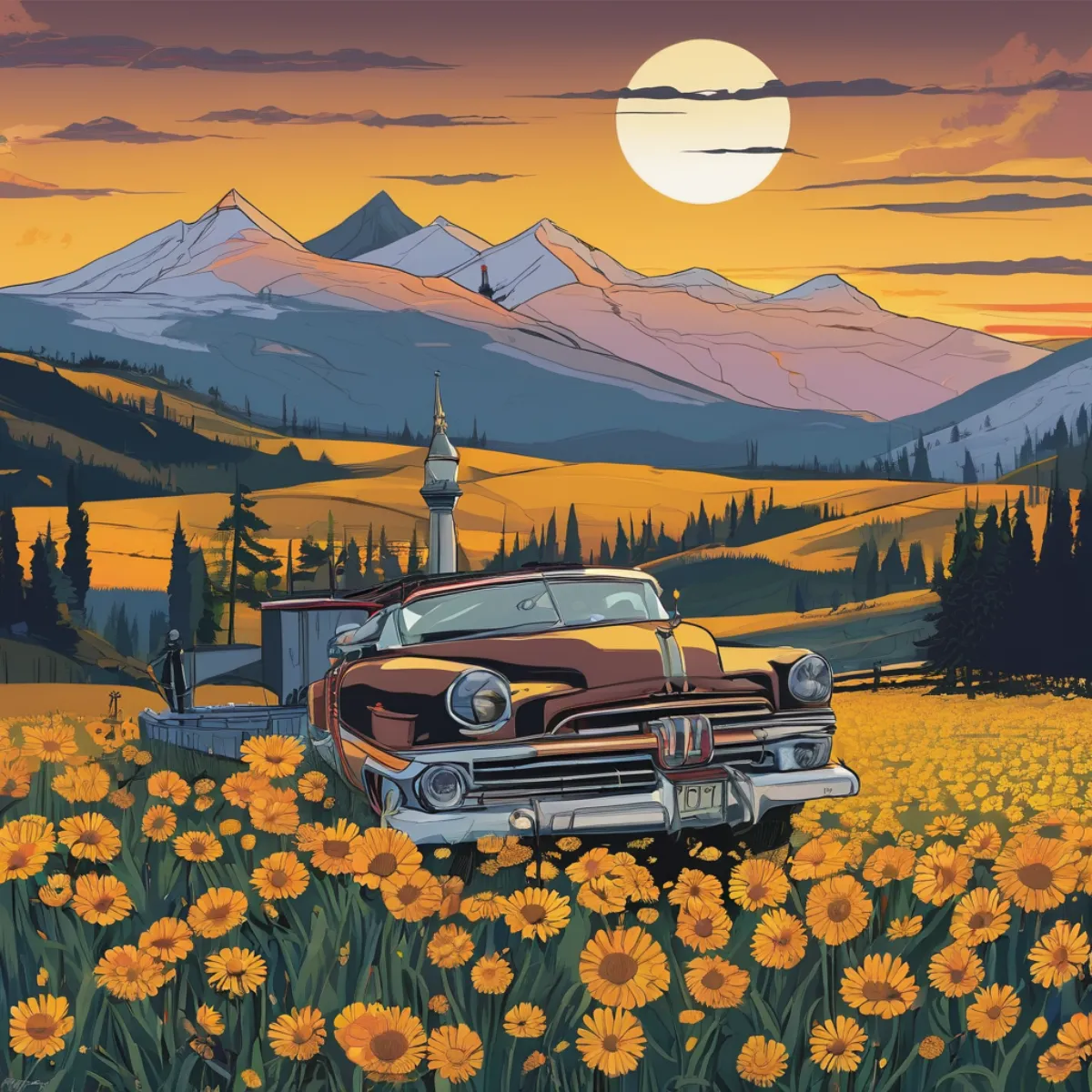 Vintage car in wildflower field at golden hour