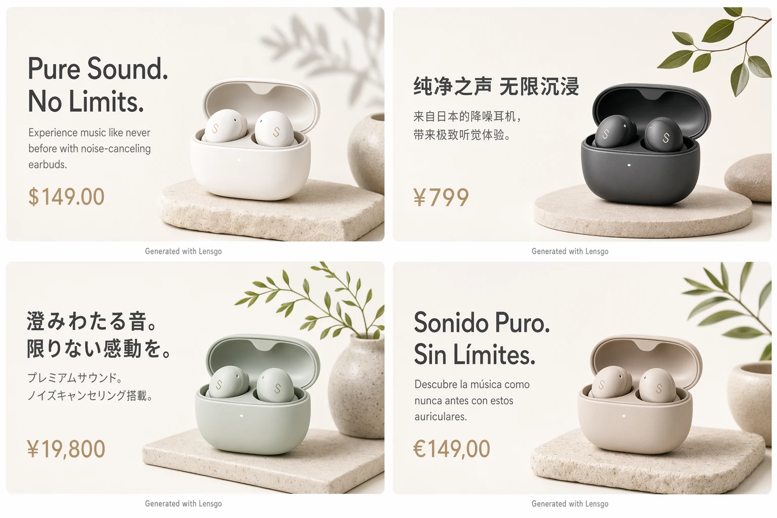 The same Lensgo Air earbuds listing generated in four languages in a single pass — English ("Pure Sound. No Limits.", $149.00), Simplified Chinese ("纯净之声 无限沉浸", ¥799), Japanese ("澄みわたる音。限りない感動を。", ¥19,800), and Spanish ("Sonido Puro. Sin Límites.", €149,00) — each with native typography, local pricing format, and a "Generated with Lensgo" byline.
