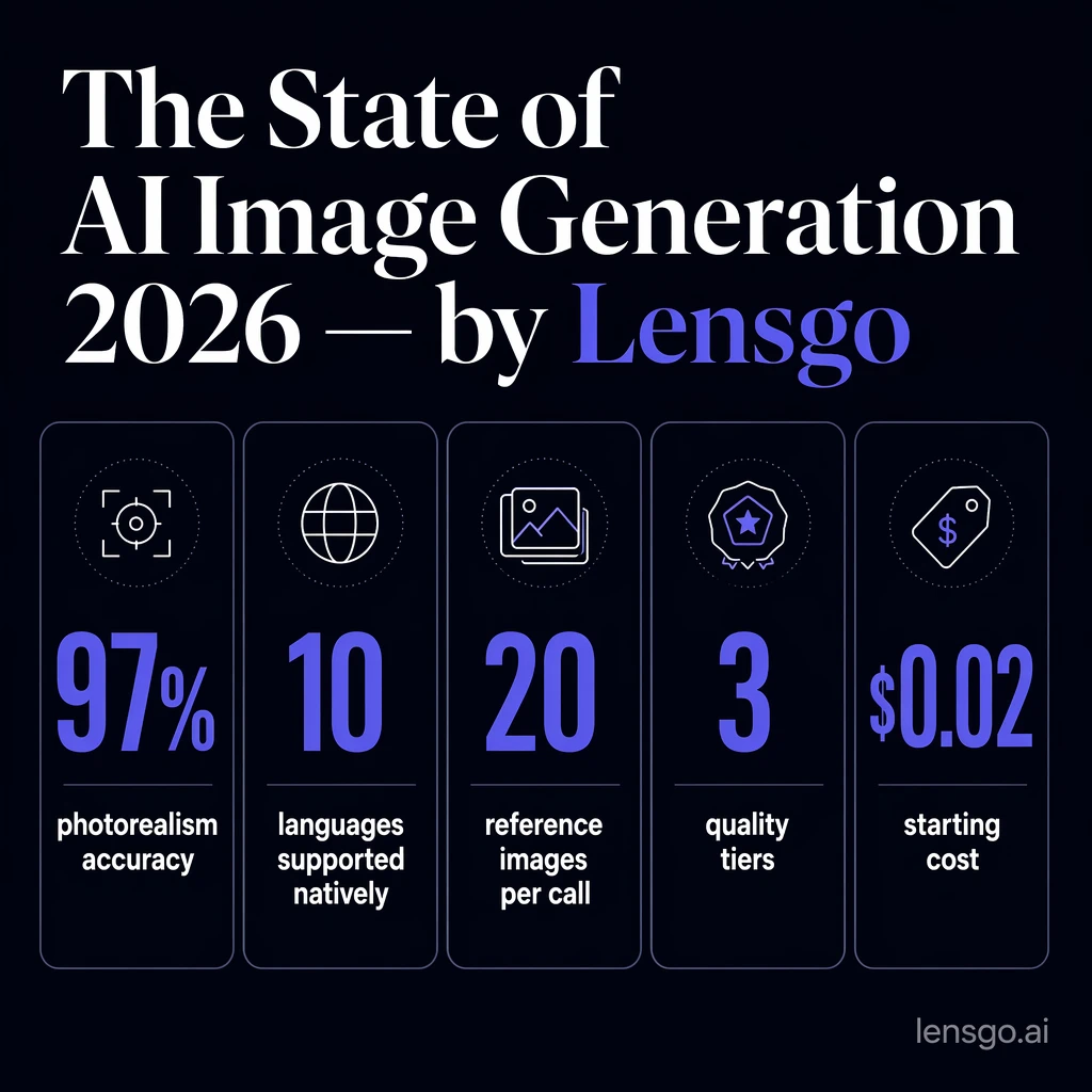 Editorial poster: "The State of AI Image Generation 2026 — by Lensgo" with five stat callouts (97% photorealism accuracy, 10 languages supported natively, 20 reference images per call, 3 quality tiers, $0.02 starting cost). Crisp indigo-on-navy typography generated in a single call.