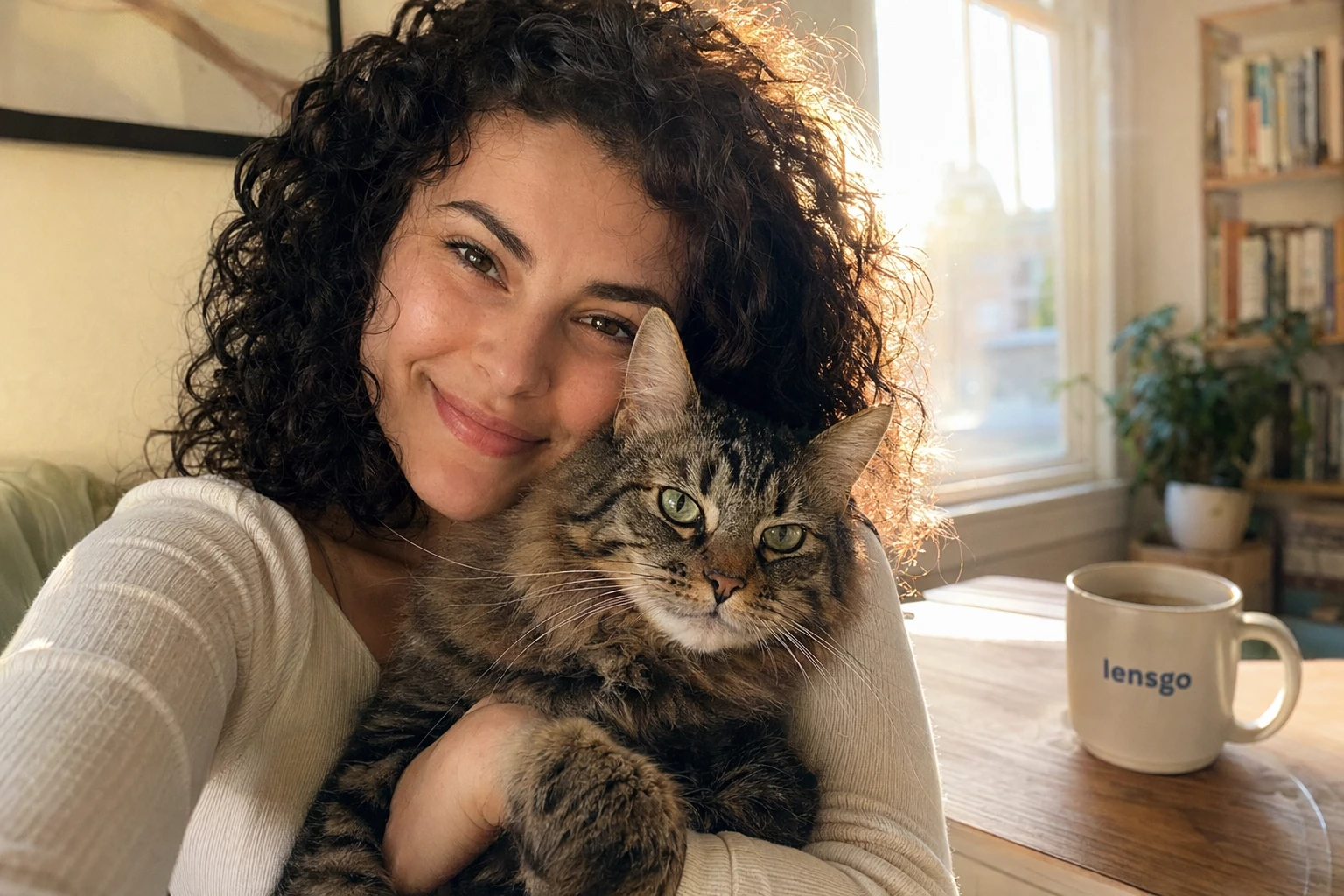 Candid iPhone-style portrait: a young woman smiling with a tabby cat, natural warm morning light, soft bokeh background with a bookshelf, and a subtle "lensgo" ceramic mug on the table beside her. Authentic skin texture and real-photo framing.