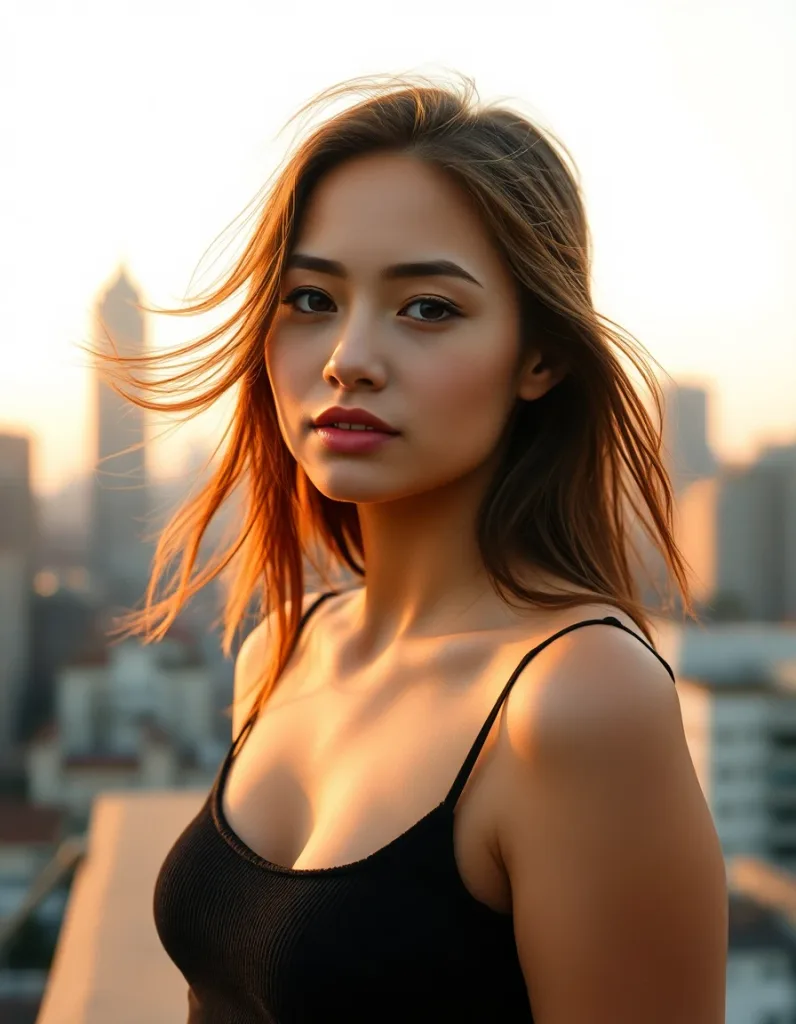 A cinematic rooftop portrait at golden hour — skin, hair, and lighting handled convincingly because the brief was routed to a portrait-strength model, not a generic one.